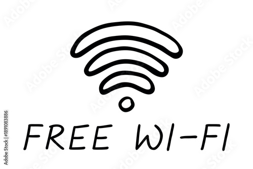 Hand drawn free wifi spot zone sign Public wi-fi area sign Wireless internet clipart in doodle style Single element for print, web, design, decor 3G, 4G, 5G, 6G, IoT