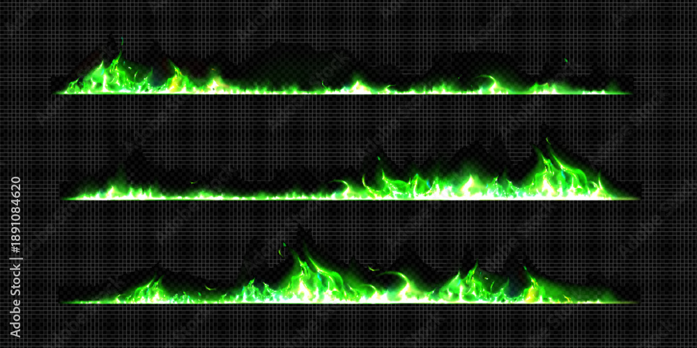 Obraz premium Burning green fire lines and smoke set isolated on transparent background. Vector realistic illustration of burnt border lines with cold magical flame, smoldering mystical alchemic fire design element