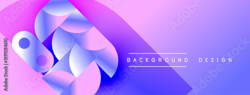 Abstract shapes blend vibrant purple, pink hues. Modern design suggests fluidity, movement, digital art aesthetic. Background features text elements.