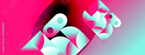 Abstract geometric shapes overlap, creating vibrant color gradients. Pink, turquoise, purple hues dominate composition. Modern design.