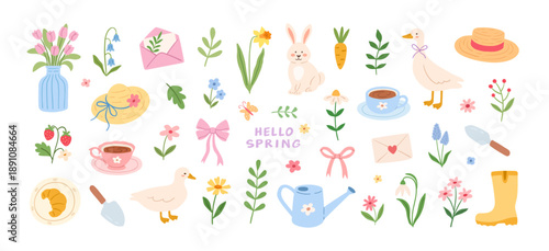 Spring cottagecore cozy set of elements, easter rabbit, duck, flowers, garden