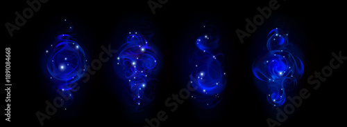Magic blue light swirls set isolated on black background. Vector realistic illustration of magician spell effect with glowing neon dust trail and shimmering particles, abstract sorcery flame waves