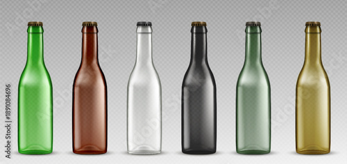 Beer bottle mockups set isolated on transparent background. Vector realistic illustration of black, green, brown, white glass container for alcoholic beverage or carbonated soda drink with crown cap