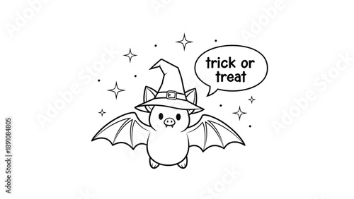 Cute cartoon bat illustration wearing a pointed witch hat with a trick or treat speech bubble and sparkling stars for Halloween themes.