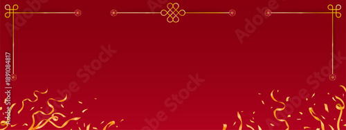 Chinese red background design with golden pattern. Vector realistic illustration of traditional Asian angpao with gold frames, silk ribbon and confetti, oriental greeting card or holiday invitation