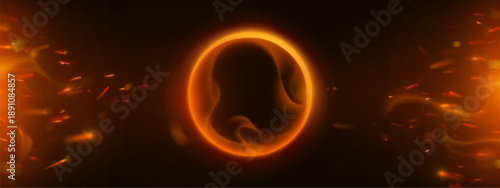 Abstract fire ring glowing on black background with fiery sparkle. Vector realistic illustration of round frame with burning flame effect, hot sparks shimmering in darkness, magic energy portal