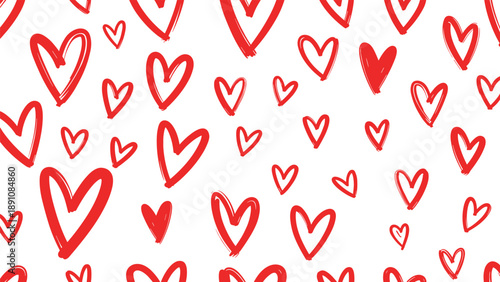 Vibrant seamless pattern of hand drawn red hearts in various sizes scattered across a white background evokes romantic and loving emotions.