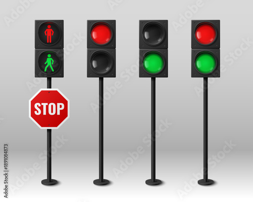 3D street traffic lights set isolated on background. Vector realistic illustration of red stop and green go signals for pedestrians and transport, semaphore lights on pole, red stop sign
