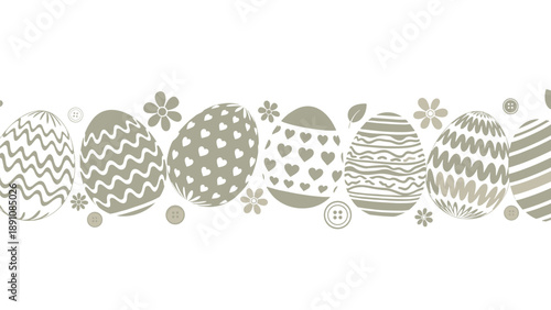 Horizontal border featuring hand drawn Easter eggs with diverse patterns and decorative elements in a soft vintage color palette for spring.