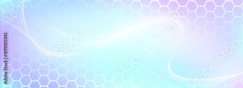 Blue abstract background with hexagonal pattern, geometric structure and spiral mesh. Vector illustration, gradient banner with twisting wawy lines and and glowing hexagons, biomedical concept