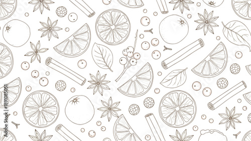Seamless pattern of hand drawn citrus slices cinnamon sticks star anise and berries in black and white for kitchen and culinary designs.