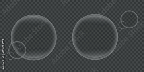 Realistic transparent soap bubbles with subtle reflections on a dark checkered background, abstract