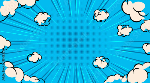 Comic book halftone sky background with pop art bursting clouds, vector illustration. Dynamic cartoon sky explosion with radiation graphic effect, super hero retro banner