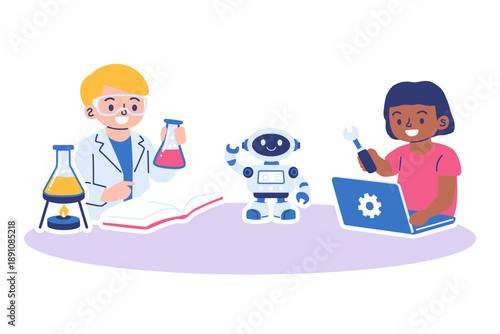 Two children learning science and robotics with a cute robot illustration