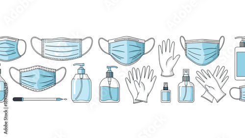 Horizontal border of essential medical supplies including face masks gloves hand sanitizer and thermometer for healthcare related designs.