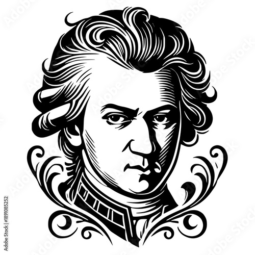 wolfgang amadeus mozart classical era composer portrait in elegant vintage engraving style with ornate decorative flourishes and expressive serious facial features in monochrome illustration