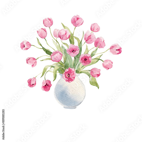 Hand-painted watercolor bouquet of pink tulips in a decorative ceramic vase with blue ornament. Elegant spring floral illustration isolated on white, perfect for wall art, posters, stationery, wedding