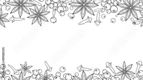 Horizontal border of detailed hand drawn spices including star anise cloves and berries in a black and white sketch style for cooking.