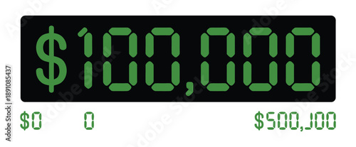 A digital display showing a large sum of money on a black screen with green numbers.