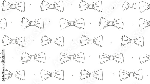 Seamless pattern of hand drawn black and white bow ties with small dots on a white background creates a sophisticated decorative style.