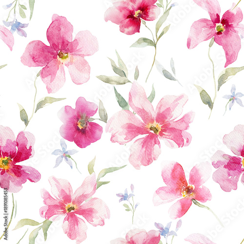 Soft watercolor seamless pattern with large pink flowers and delicate green leaves on white background. Elegant hand painted floral design perfect for wedding stationery, invitations, fabric, wrapping