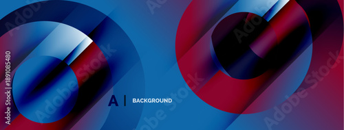 Abstract fluid shapes, vibrant blues, reds dominate composition. Dynamic gradients create modern visual effect. Background suggests technology.