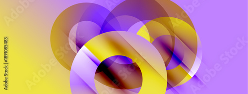 Abstract composition featuring overlapping circles. Yellow, purple, brown hues create dynamic visual effect. Smooth gradients define shapes.