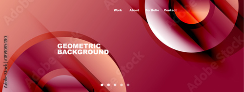 Abstract geometric background. Reddish hues dominate design. Navigation menu present at top. Modern, clean aesthetic.