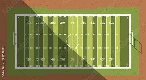 Top View American Football Field with Long Shadow Effect and Brown Border