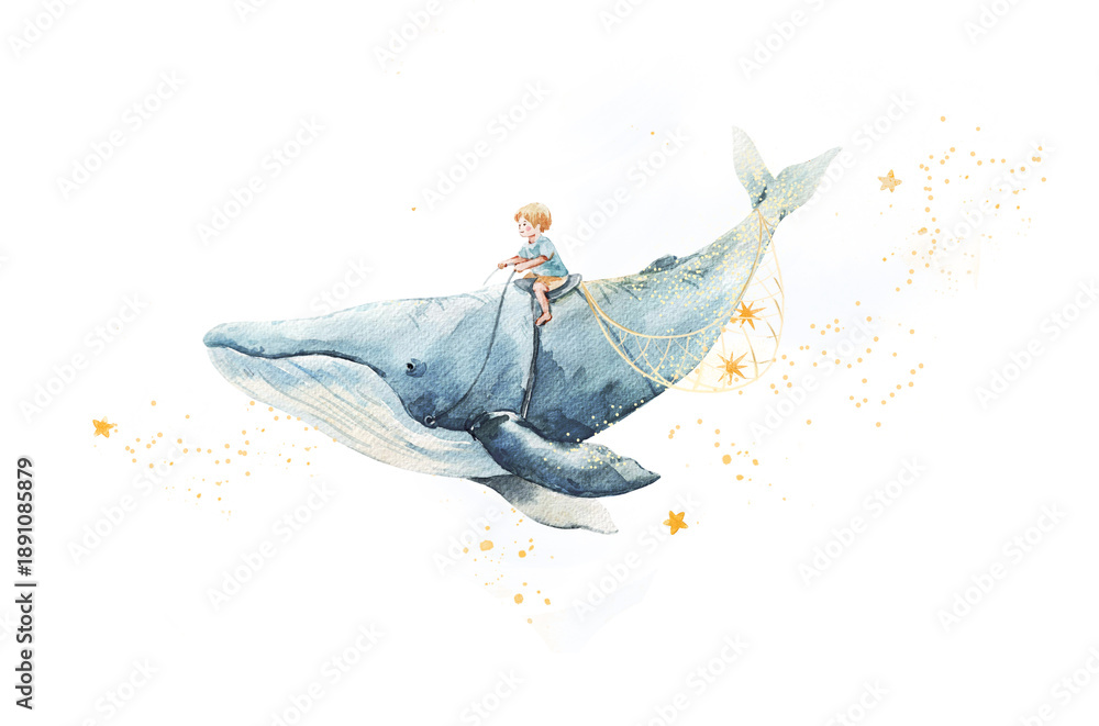 Fototapeta premium Whimsical watercolor illustration of a boy riding a flying whale in a dreamy night sky. Perfect kids poster for boys nursery, children room decor, wall art, prints, baby gifts, and storytelling