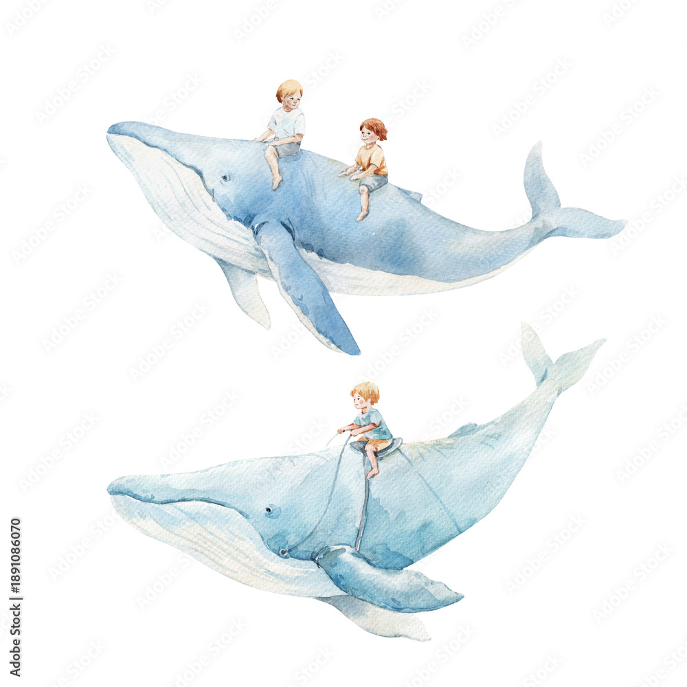 Fototapeta premium Whimsical watercolor illustration of a boy riding a flying whale in a dreamy night sky. Perfect kids poster for boys nursery, children room decor, wall art, prints, baby gifts, and storytelling