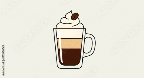 Delicious coffee drink with whipped cream and chocolate topping in a clear glass mug on a neutral background