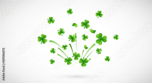 Green four leaf clovers floating in air on white background symbolizing luck and nature