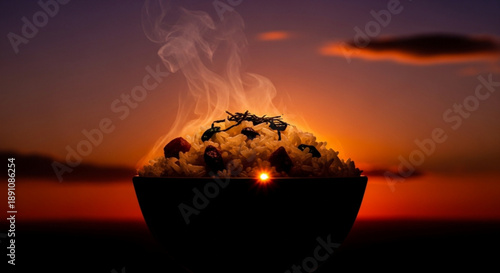 Smoldering barbecue grill with smoke at sunset outdoor cooking and warm evening atmosphere with glowing embers