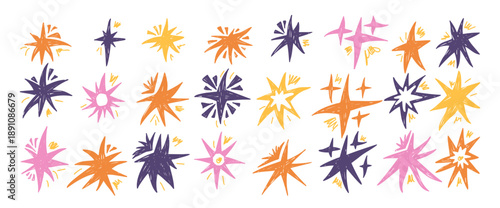 Pastel brush stars. Hand drawn crayon spark falling star set. Pencil scribble twinkles collection. Kids paint stickers blinks. Christmas childish pink, yellow vector asterisk isolated no background.