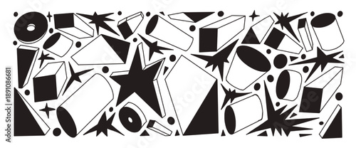 Geometric figures silhouette pattern. Outline doodle elements featuring 3d triangles, stars, cylindric. Black scribble line stroke childish illustrations. Vector doodle background pattern.
