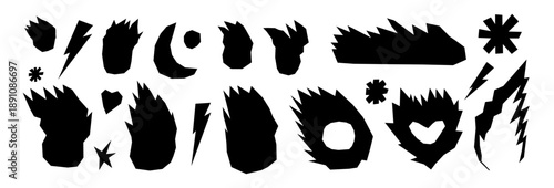 Fire flames, lightning, burned heart text box paper cutouts silhouette icons. Doodle scrap cut flames vector illustration set. Collage elements for bold designs. Scrapbook bonfire set isolated no bg.