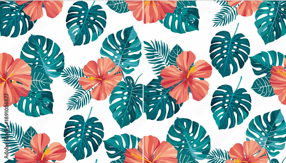 Fototapeta premium Vibrant tropical floral pattern with large green monstera leaves and bright coral hibiscus flowers on a white background, perfect for summer designs