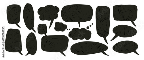 Grunge-textured speech balloons text boxes set. Hand-drawn bubbles frame for comic dialogue. Charcoal doodle with rough texture. Cute vector icon for messaging and talk design isolated no background.