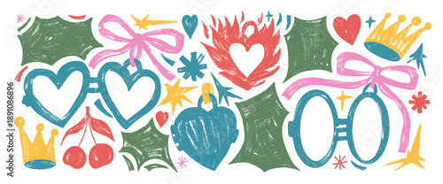 Valentine hearts pastel brush doodles. Couple heart-shape lockets with bang text boxes callout. Hand drawn crayon cherry, crown, star sticker. Vector marker or pencil drawn illustration no background.