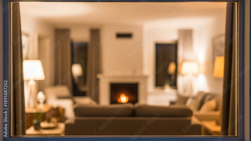 Fototapeta premium Cozy modern living room at night with fireplace warmth viewed from window blurring lights and comfortable sofa