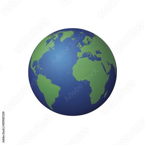 Three dimensional world globe illustration showing blue oceans and green landmasses isolated on a dark background.