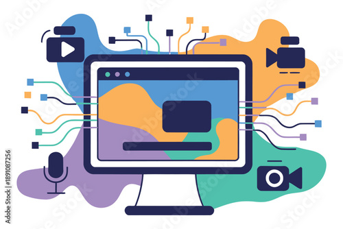 A colorful illustration of a computer monitor surrounded by video and audio equipment, representing multimedia technology and content creation.