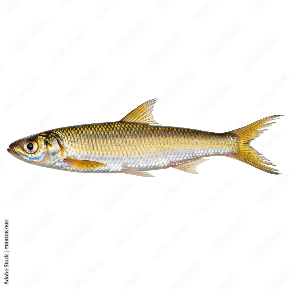 Fototapeta premium Golden fish with yellow fins and scales on transparent background