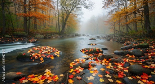 Misty Autumn Forest River with Colorful Fallen Leaves.