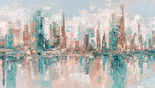 Panel kuchenny z motywem Abstract cityscape painting with a vibrant palette, reflecting in tranquil waters