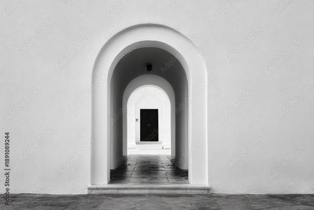 Fototapeta premium Monochrome perspective, arched corridor, leading to a dark doorway, architectural detail