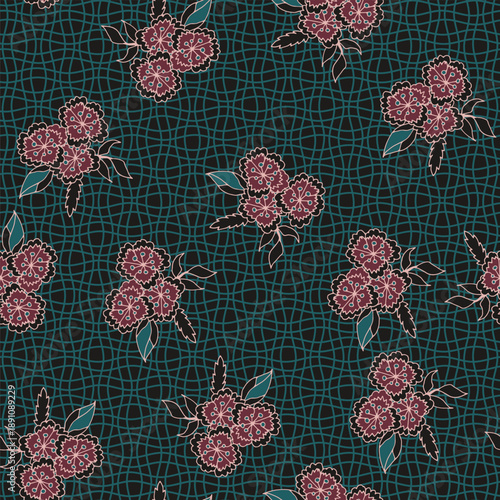 Teal Grid Floral Night Pattern