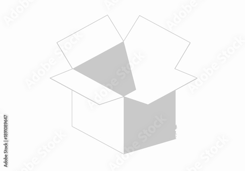 An open cardboard box with flaps lifted, revealing empty interior space, viewed from above, showcasing its simple structure and design