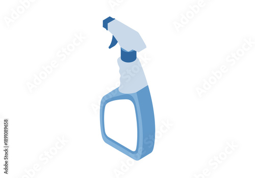 A blue spray bottle with a white nozzle is depicted on a plain background from a straightforward viewpoint.